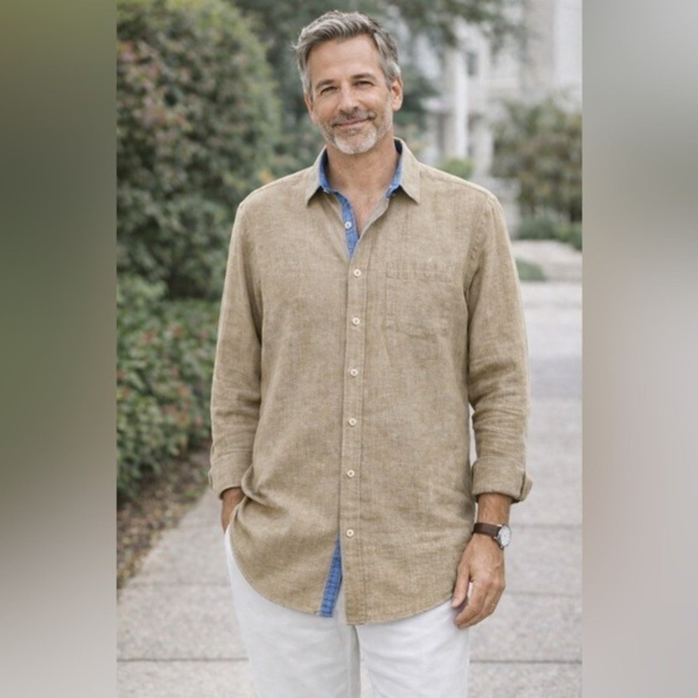Age of Wisdom Linen Blend Button Front Shirt Men's XL Tan Coastal Casual Neutral